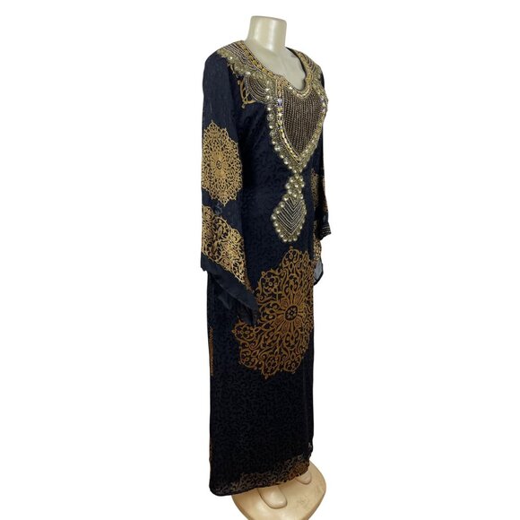 Embellished Black & Gold Kaftan Dress W/ Intricate Beading & Tie-Back Waist Sz M - Picture 2 of 12
